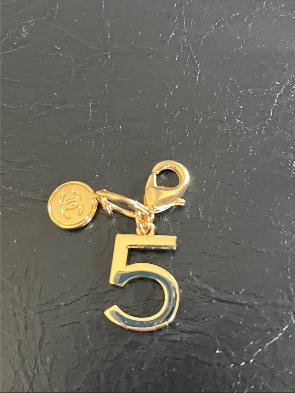 Gold Chanel #  5 Charm Pendant with Logo Disc - Women Accessories